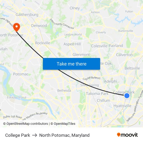 College Park to North Potomac, Maryland map