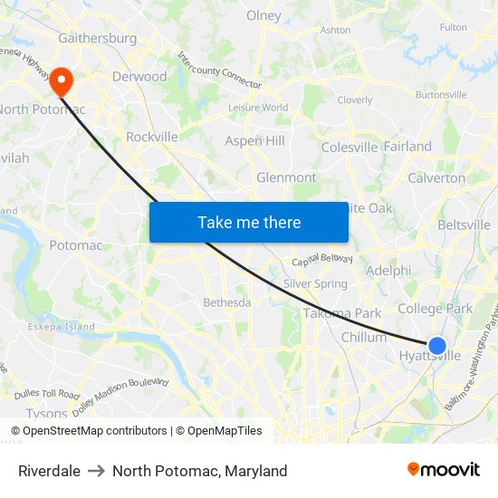 Riverdale to North Potomac, Maryland map