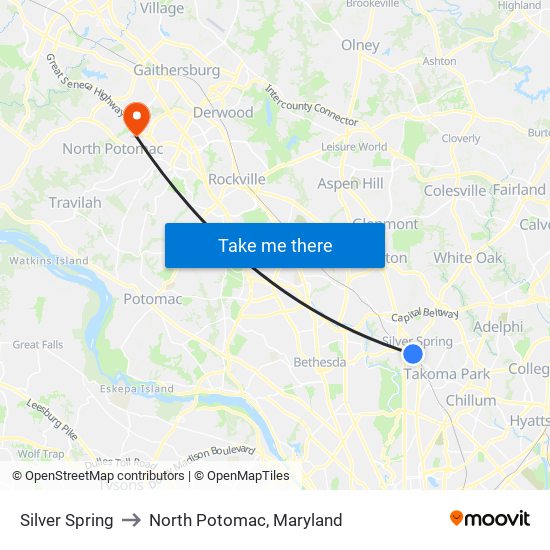 Silver Spring to North Potomac, Maryland map