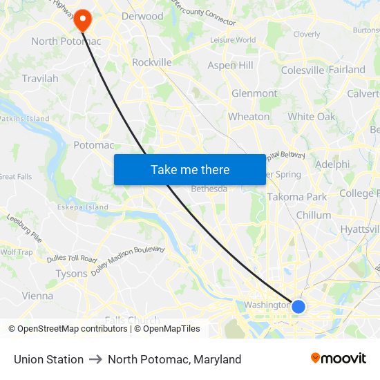 Union Station to North Potomac, Maryland map