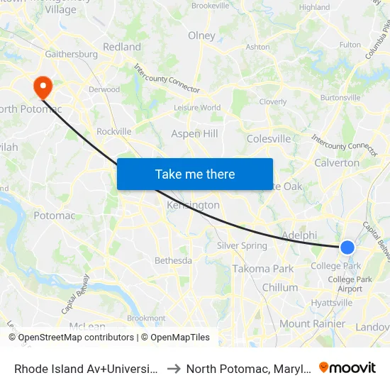 Rhode Island Av+University Bl to North Potomac, Maryland map