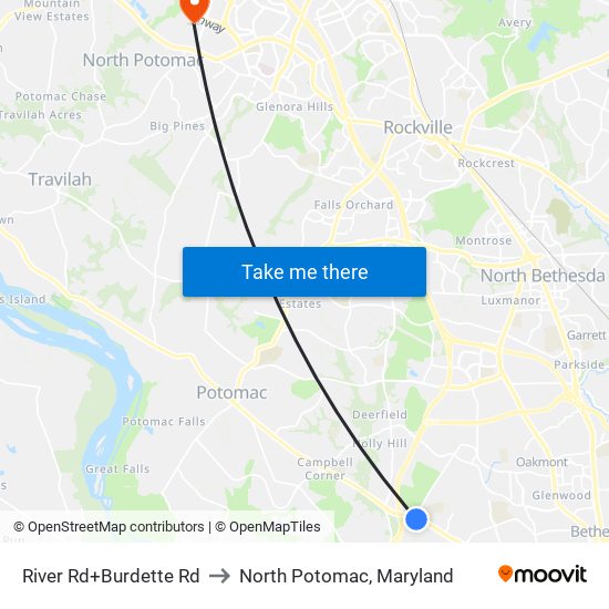 River Rd+Burdette Rd to North Potomac, Maryland map