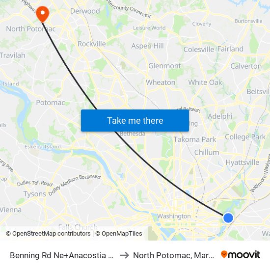 Benning Rd Ne+Anacostia Av NE to North Potomac, Maryland map