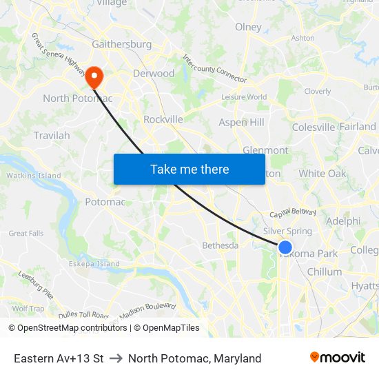 Eastern Av+13 St to North Potomac, Maryland map