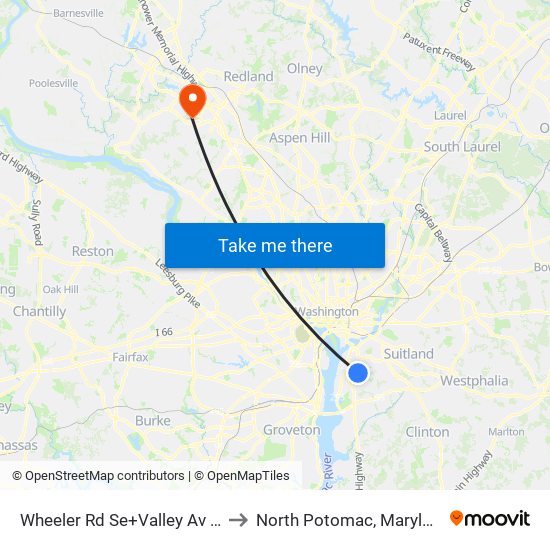 Wheeler Rd Se+Valley Av SE to North Potomac, Maryland map