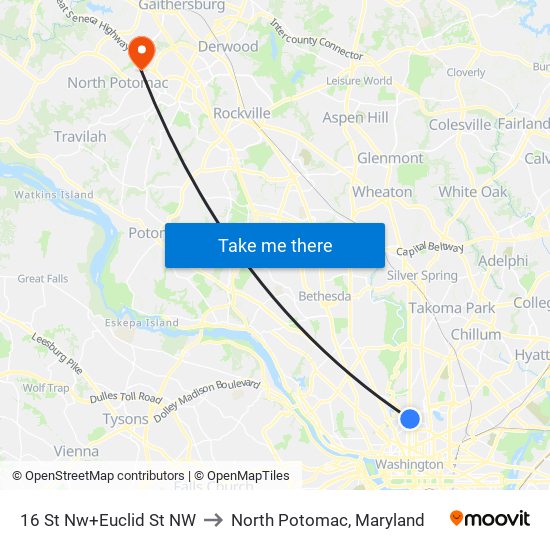 16 St Nw+Euclid St NW to North Potomac, Maryland map