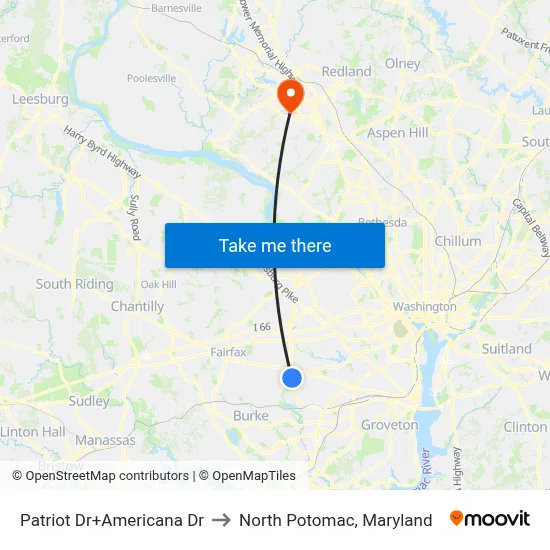 Patriot Dr+Americana Dr to North Potomac, Maryland map