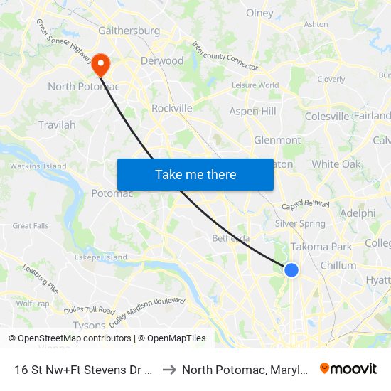 16 St Nw+Ft Stevens Dr NW to North Potomac, Maryland map