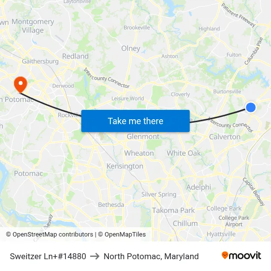 Sweitzer Ln+#14880 to North Potomac, Maryland map