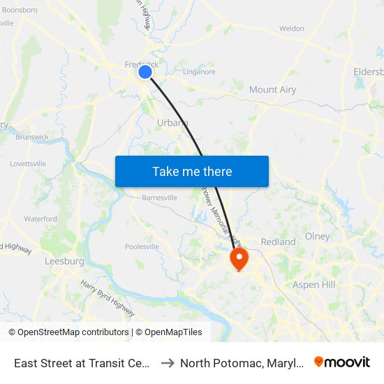 East Street at Transit Center to North Potomac, Maryland map