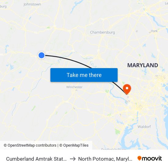 Cumberland Amtrak Station to North Potomac, Maryland map