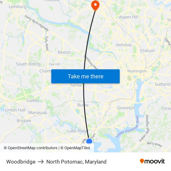 Woodbridge to North Potomac, Maryland map