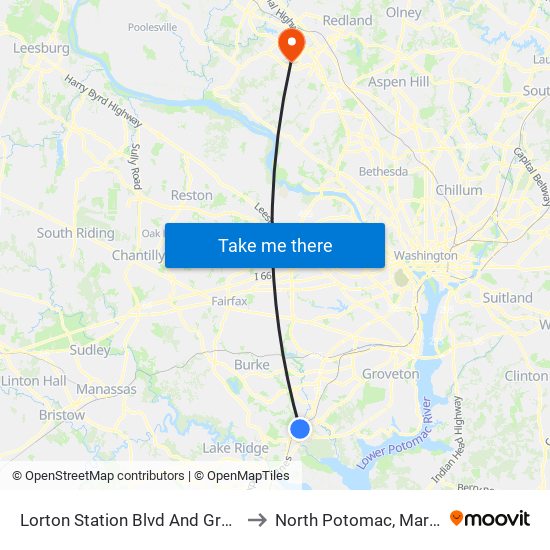 Lorton Station Blvd And Graysons to North Potomac, Maryland map