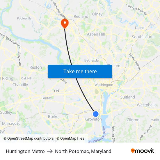 Huntington Metro to North Potomac, Maryland map