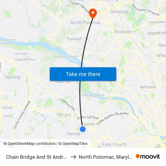 Chain Bridge And St Andrews to North Potomac, Maryland map