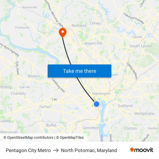 Pentagon City Metro to North Potomac, Maryland map