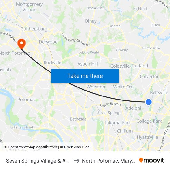 Seven Springs Village & #9308 to North Potomac, Maryland map