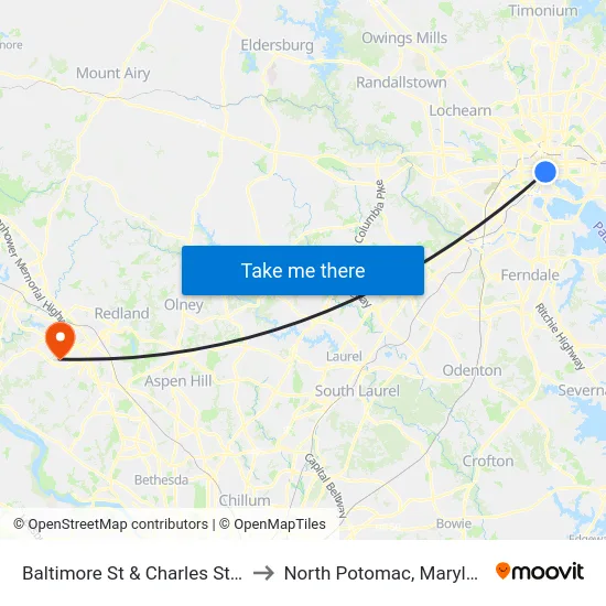 Baltimore St & Charles St Eb to North Potomac, Maryland map