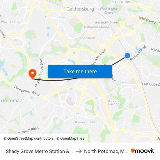 Shady Grove Metro Station & Bus Bay C to North Potomac, Maryland map