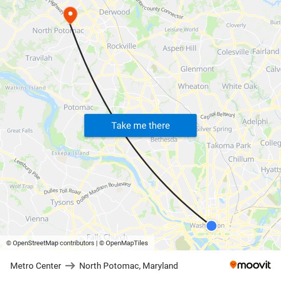 Metro Center to North Potomac, Maryland map