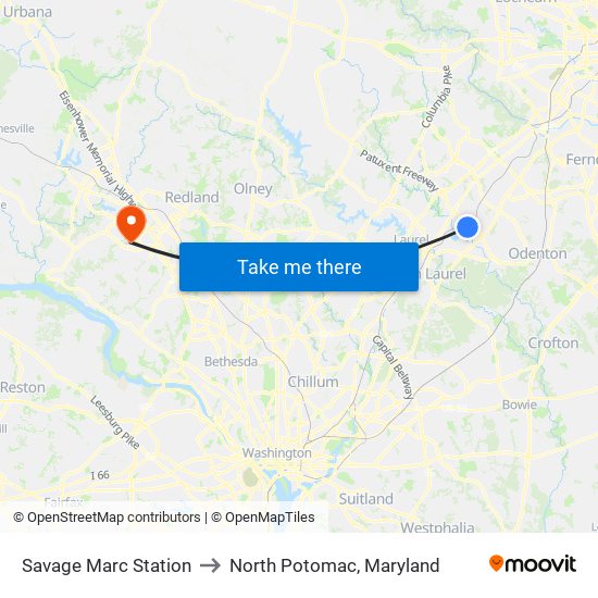 Savage Marc Station to North Potomac, Maryland map