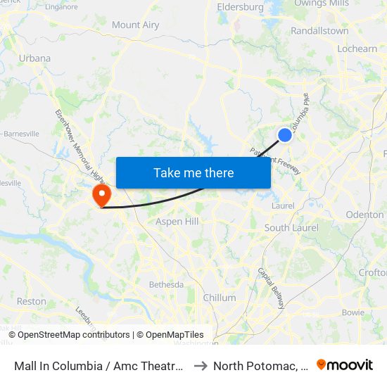 Mall In Columbia / Amc Theatre (Southbound) to North Potomac, Maryland map