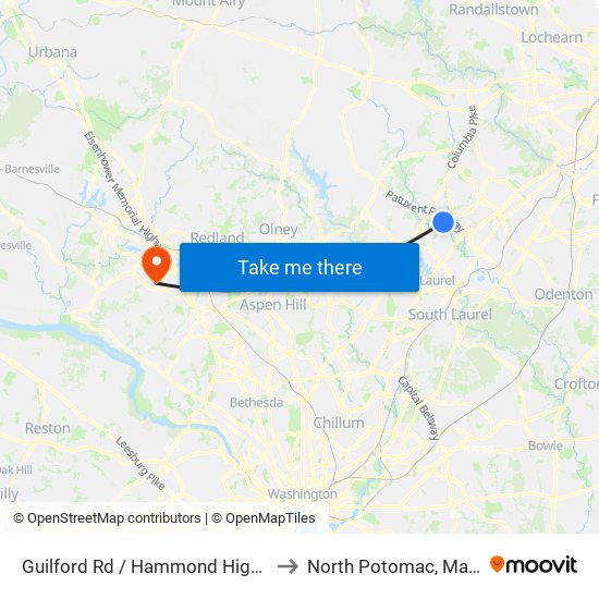 Guilford Rd / Hammond High School to North Potomac, Maryland map