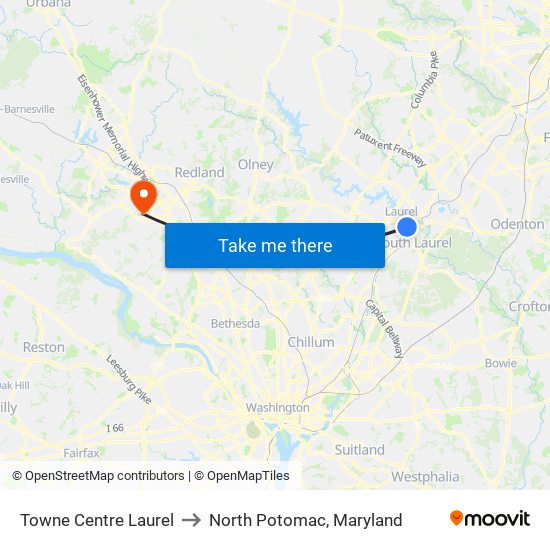 Towne Centre Laurel to North Potomac, Maryland map