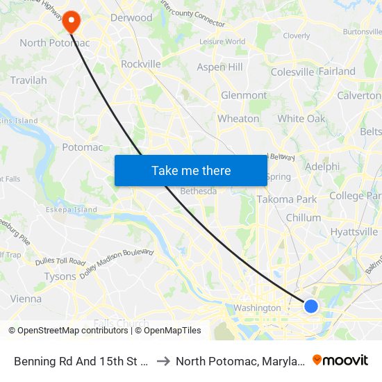 Benning Rd And 15th St NE to North Potomac, Maryland map