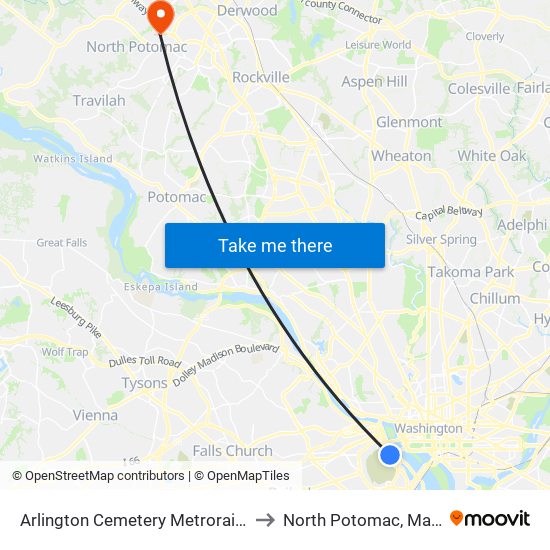 Arlington Cemetery  Metrorail Station to North Potomac, Maryland map