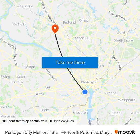 Pentagon City Metrorail Station to North Potomac, Maryland map