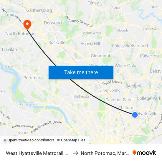 West Hyattsville Metrorail Station to North Potomac, Maryland map