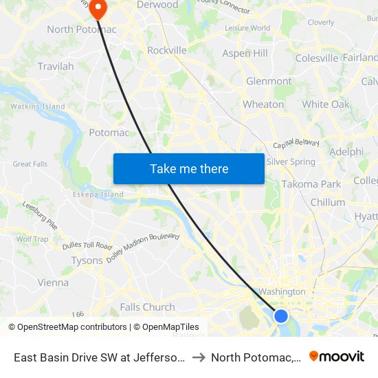 East Basin Drive SW at Jefferson Memorial (Wb) to North Potomac, Maryland map