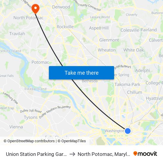 Union Station Parking Garage to North Potomac, Maryland map