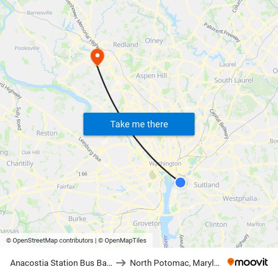 Anacostia Station Bus Bay F to North Potomac, Maryland map