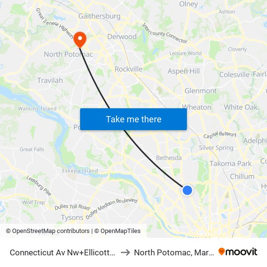 Connecticut Av Nw+Ellicott St NW to North Potomac, Maryland map