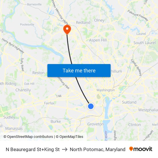 N Beauregard St+King St to North Potomac, Maryland map