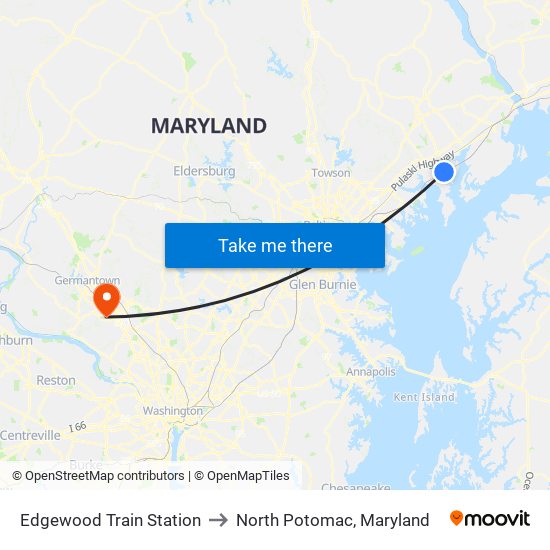 Edgewood Train Station to North Potomac, Maryland map