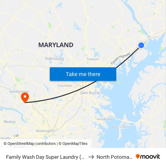 Family Wash Day Super Laundry (On Pulaski Hwy/Us 40) to North Potomac, Maryland map