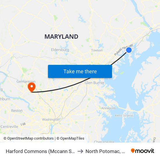 Harford Commons (Mccann St & Starr St) to North Potomac, Maryland map