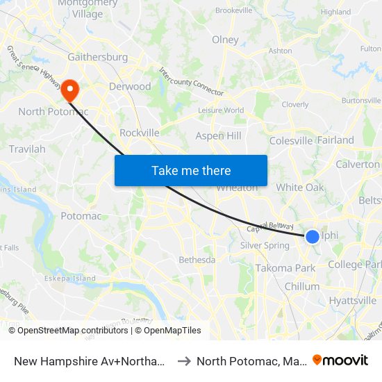 New Hampshire Av+Northampton Dr to North Potomac, Maryland map