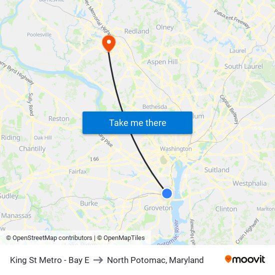 King St Metro - Bay E to North Potomac, Maryland map