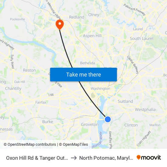 Oxon Hill Rd & Tanger Outlets to North Potomac, Maryland map