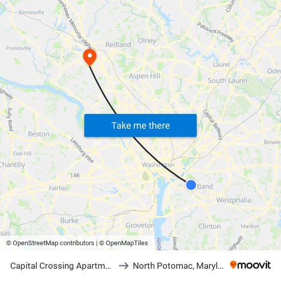 Capital Crossing Apartments to North Potomac, Maryland map