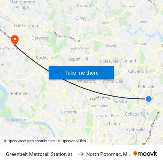 Greenbelt Metrorail Station at Bus Bay A to North Potomac, Maryland map