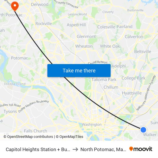 Capitol Heights Station + Bus Bay B to North Potomac, Maryland map