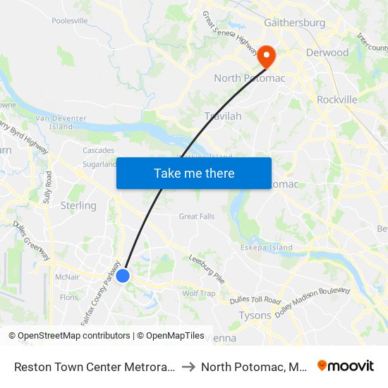 Reston Town Center Metrorail Station to North Potomac, Maryland map