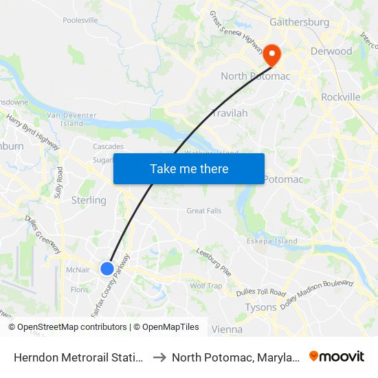 Herndon Metrorail Station to North Potomac, Maryland map