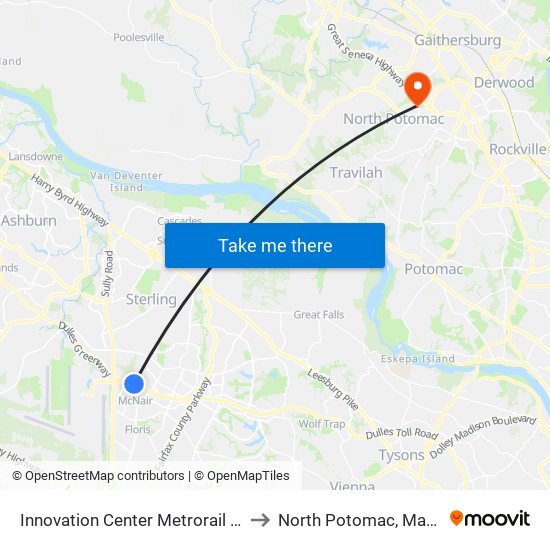 Innovation Center Metrorail Station to North Potomac, Maryland map