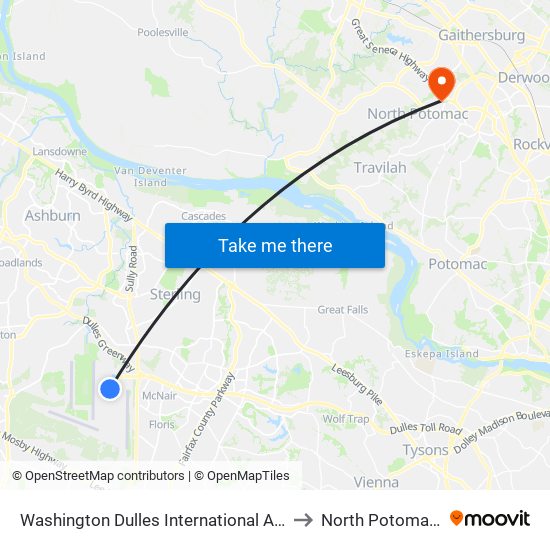 Washington Dulles International Airport Metrorail Station to North Potomac, Maryland map